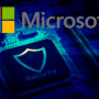 Gros plan d'un circuit imprimé bleu avec le logo Microsoft en haut et un processeur central marqué d'un bouclier lumineux et du mot "Security", avec le logo dcod.ch dans le coin inférieur droit.