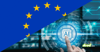 Illustration conceptuelle divisée en diagonale : à gauche, le drapeau de l'Union européenne, et à droite, un doigt pointant vers un écran tactile affichant un processeur marqué AI (intelligence artificielle) sur fond de circuits bleus lumineux. Cette image symbolise le nouveau plan d'action de l'UE pour la cybersécurité et l'IA par lequel l'UE souhaite se protéger contre les cybermenaces.