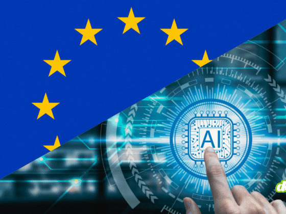 Illustration conceptuelle divisée en diagonale : à gauche, le drapeau de l'Union européenne, et à droite, un doigt pointant vers un écran tactile affichant un processeur marqué AI (intelligence artificielle) sur fond de circuits bleus lumineux. Cette image symbolise le nouveau plan d'action de l'UE pour la cybersécurité et l'IA par lequel l'UE souhaite se protéger contre les cybermenaces.