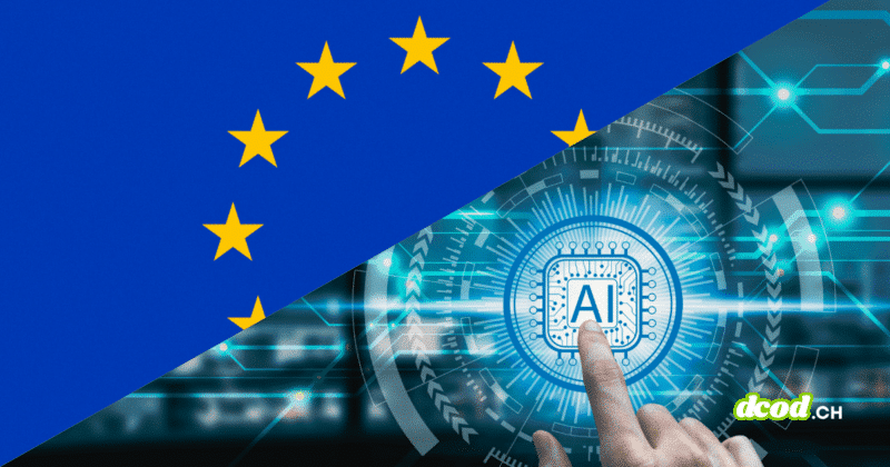 Illustration conceptuelle divisée en diagonale : à gauche, le drapeau de l'Union européenne, et à droite, un doigt pointant vers un écran tactile affichant un processeur marqué AI (intelligence artificielle) sur fond de circuits bleus lumineux. Cette image symbolise le nouveau plan d'action de l'UE pour la cybersécurité et l'IA par lequel l'UE souhaite se protéger contre les cybermenaces.