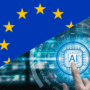 Illustration conceptuelle divisée en diagonale : à gauche, le drapeau de l'Union européenne, et à droite, un doigt pointant vers un écran tactile affichant un processeur marqué AI (intelligence artificielle) sur fond de circuits bleus lumineux. Cette image symbolise le nouveau plan d'action de l'UE pour la cybersécurité et l'IA par lequel l'UE souhaite se protéger contre les cybermenaces.