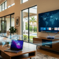 Photographie d'illustration réaliste de l'intérieur d'un salon luxueux dans une villa américaine, montrant un grand téléviseur mural et un ordinateur portable, tous deux affichant une carte du monde connectée. Des flux de données lumineux relient les appareils et les équipements réseau, symbolisant le réseau de proxys résidentiels NetNut créé à partir de téléviseurs connectés et de boîtiers de streaming compromis. L'arrière-plan montre une piscine extérieure et des palmiers sous la lumière du jour.