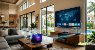 Photographie d'illustration réaliste de l'intérieur d'un salon luxueux dans une villa américaine, montrant un grand téléviseur mural et un ordinateur portable, tous deux affichant une carte du monde connectée. Des flux de données lumineux relient les appareils et les équipements réseau, symbolisant le réseau de proxys résidentiels NetNut créé à partir de téléviseurs connectés et de boîtiers de streaming compromis. L'arrière-plan montre une piscine extérieure et des palmiers sous la lumière du jour.