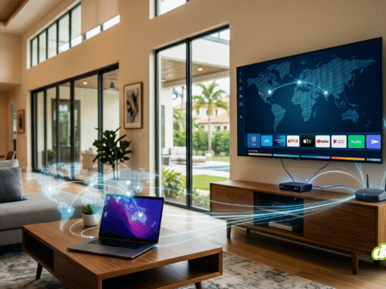 Photographie d'illustration réaliste de l'intérieur d'un salon luxueux dans une villa américaine, montrant un grand téléviseur mural et un ordinateur portable, tous deux affichant une carte du monde connectée. Des flux de données lumineux relient les appareils et les équipements réseau, symbolisant le réseau de proxys résidentiels NetNut créé à partir de téléviseurs connectés et de boîtiers de streaming compromis. L'arrière-plan montre une piscine extérieure et des palmiers sous la lumière du jour.