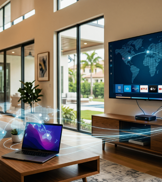 Photographie d'illustration réaliste de l'intérieur d'un salon luxueux dans une villa américaine, montrant un grand téléviseur mural et un ordinateur portable, tous deux affichant une carte du monde connectée. Des flux de données lumineux relient les appareils et les équipements réseau, symbolisant le réseau de proxys résidentiels NetNut créé à partir de téléviseurs connectés et de boîtiers de streaming compromis. L'arrière-plan montre une piscine extérieure et des palmiers sous la lumière du jour.