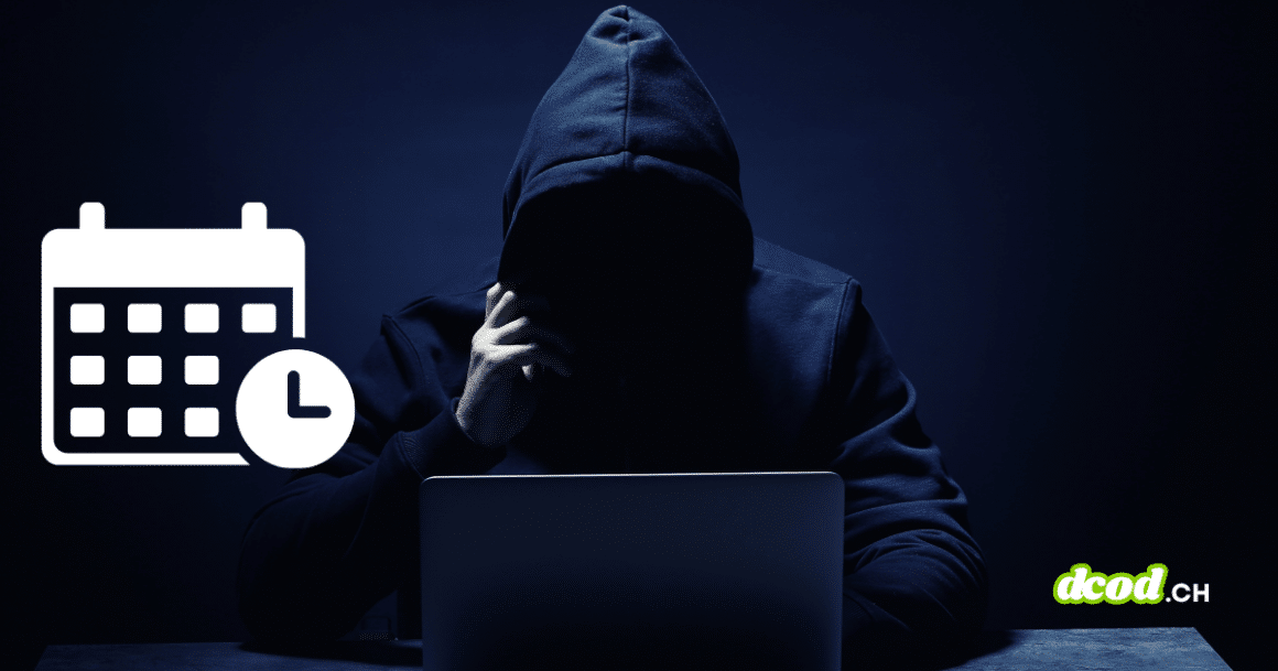 Silhouette de hacker en sweat à capuche devant un ordinateur, surmontée d'icônes de calendrier et d'horloge illustrant que les cybercriminels spécialisés dans les ransomwares suivent des horaires de bureau.