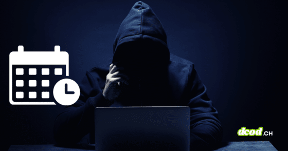 Silhouette de hacker en sweat à capuche devant un ordinateur, surmontée d'icônes de calendrier et d'horloge illustrant que les cybercriminels spécialisés dans les ransomwares suivent des horaires de bureau.