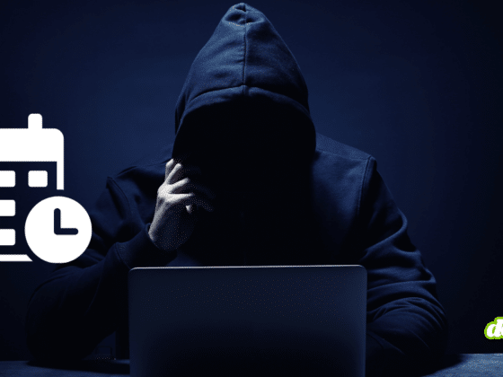 Silhouette de hacker en sweat à capuche devant un ordinateur, surmontée d'icônes de calendrier et d'horloge illustrant que les cybercriminels spécialisés dans les ransomwares suivent des horaires de bureau.