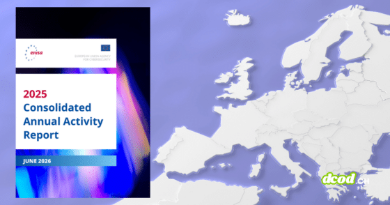 Page de garde du Rapport annuel consolidé 2025 de l'ENISA à côté d'une carte en relief illustrant comment l'Europe s'unit, avec le logo de DCOD.