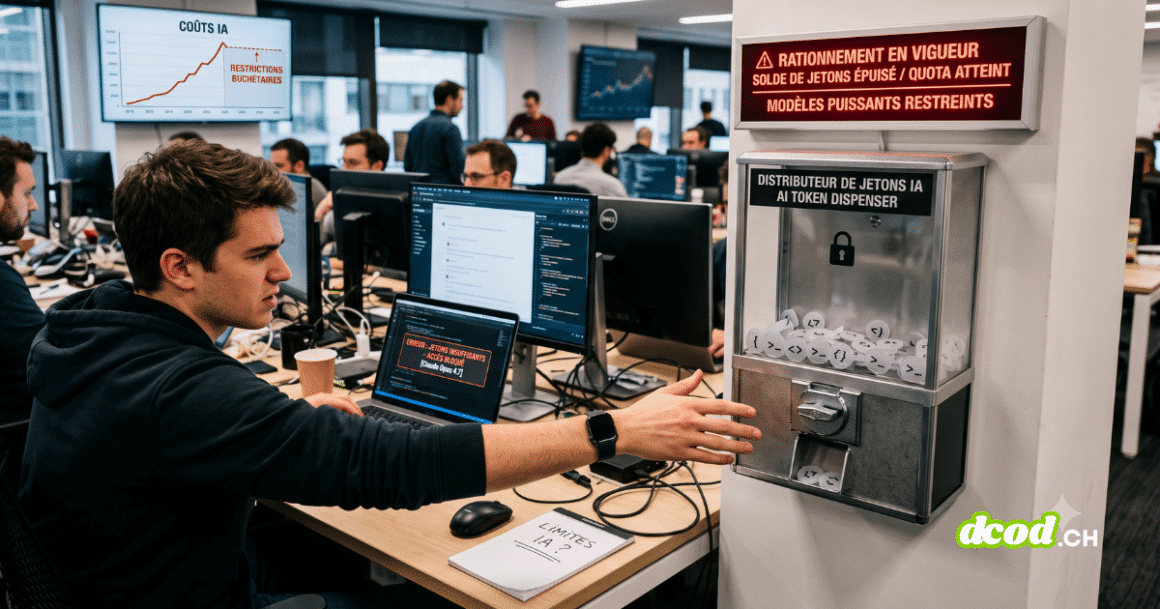 Photographie d'un employé dans un bureau ouvert, bloqué et tendant la main vers un 'distributeur de jetons IA' rationné. Un panneau lumineux rouge au-dessus de l'appareil confirme que le 'RATIONNEMENT EST EN VIGUEUR' pour les modèles puissants, illustrant la Tokenpocalypse.