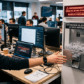 Photographie d'un employé dans un bureau ouvert, bloqué et tendant la main vers un 'distributeur de jetons IA' rationné. Un panneau lumineux rouge au-dessus de l'appareil confirme que le 'RATIONNEMENT EST EN VIGUEUR' pour les modèles puissants, illustrant la Tokenpocalypse.