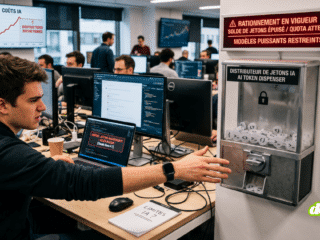 Photographie d'un employé dans un bureau ouvert, bloqué et tendant la main vers un 'distributeur de jetons IA' rationné. Un panneau lumineux rouge au-dessus de l'appareil confirme que le 'RATIONNEMENT EST EN VIGUEUR' pour les modèles puissants, illustrant la Tokenpocalypse.