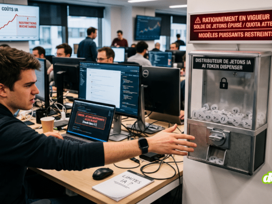 Photographie d'un employé dans un bureau ouvert, bloqué et tendant la main vers un 'distributeur de jetons IA' rationné. Un panneau lumineux rouge au-dessus de l'appareil confirme que le 'RATIONNEMENT EST EN VIGUEUR' pour les modèles puissants, illustrant la Tokenpocalypse.