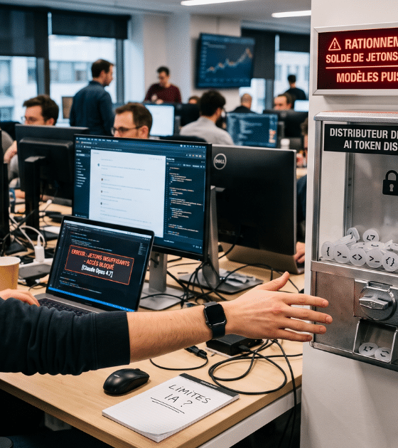 Photographie d'un employé dans un bureau ouvert, bloqué et tendant la main vers un 'distributeur de jetons IA' rationné. Un panneau lumineux rouge au-dessus de l'appareil confirme que le 'RATIONNEMENT EST EN VIGUEUR' pour les modèles puissants, illustrant la Tokenpocalypse.