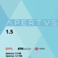 Visual clé de présentation du modèle d'IA Apertus 1.5 mentionnant les déclinaisons 8B et 70B ainsi que les logos des institutions partenaires EPFL, ETH Zürich et CSCS. Crédit : Apertus.