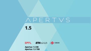 Visual clé de présentation du modèle d'IA Apertus 1.5 mentionnant les déclinaisons 8B et 70B ainsi que les logos des institutions partenaires EPFL, ETH Zürich et CSCS. Crédit : Apertus.