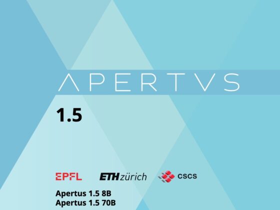 Visual clé de présentation du modèle d'IA Apertus 1.5 mentionnant les déclinaisons 8B et 70B ainsi que les logos des institutions partenaires EPFL, ETH Zürich et CSCS. Crédit : Apertus.