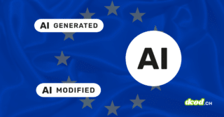 Illustration aux couleurs de l'Union européenne avec les badges AI Generated et AI Modified, illustrant l'obligation imposée par l'UE de marquer les contenus générés pour la transparence de l'IA