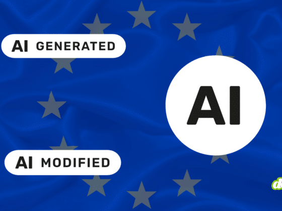 Illustration aux couleurs de l'Union européenne avec les badges AI Generated et AI Modified, illustrant l'obligation imposée par l'UE de marquer les contenus générés pour la transparence de l'IA