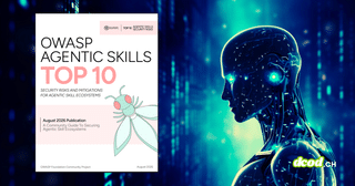 Couverture du rapport OWASP Agentic Skills Top 10 juxtaposée à un profil d'agent IA humanoïde futuriste en bleu, illustrant les failles de sécurité des compétences autonomes.