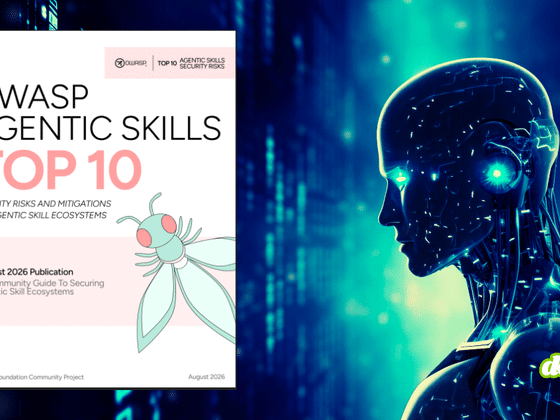 Couverture du rapport OWASP Agentic Skills Top 10 juxtaposée à un profil d'agent IA humanoïde futuriste en bleu, illustrant les failles de sécurité des compétences autonomes.