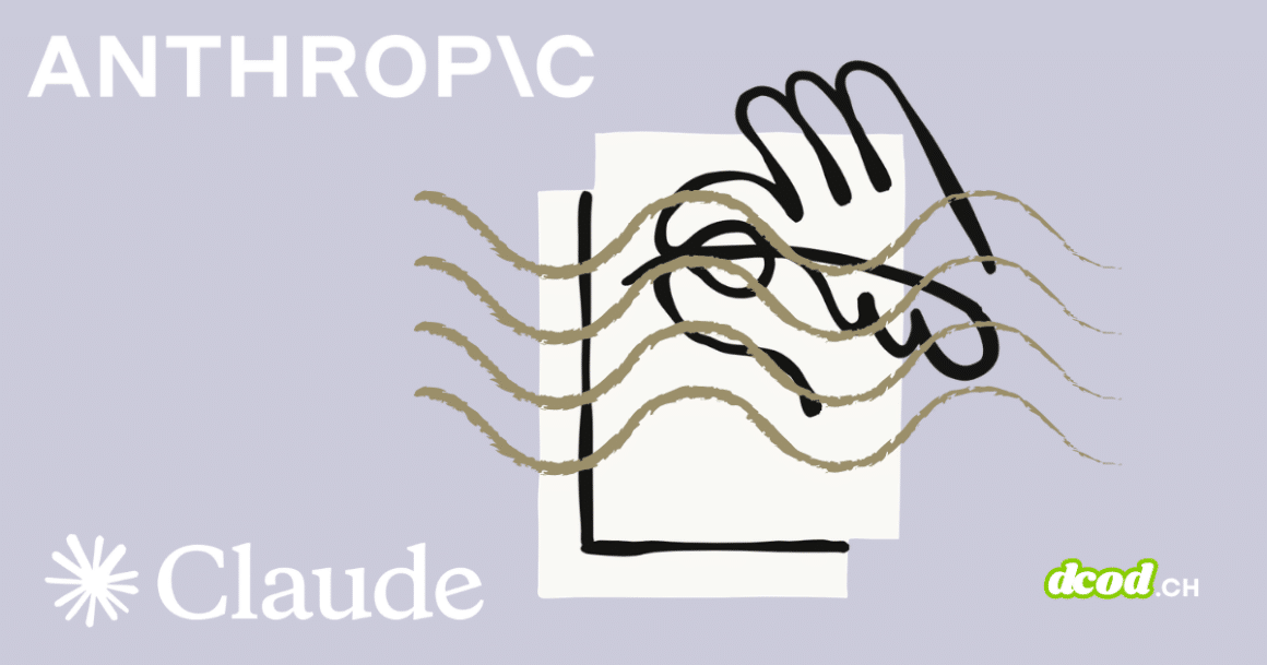 Illustration sur fond lavande avec les logos d'Anthropic, Claude et dcod.ch, représentant des feuilles de papier recouvertes d'ondes en filigrane pour symboliser le marquage invisible et la norme C2PA appliqués aux contenus générés.