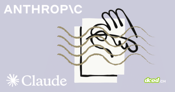 Illustration sur fond lavande avec les logos d'Anthropic, Claude et dcod.ch, représentant des feuilles de papier recouvertes d'ondes en filigrane pour symboliser le marquage invisible et la norme C2PA appliqués aux contenus générés.