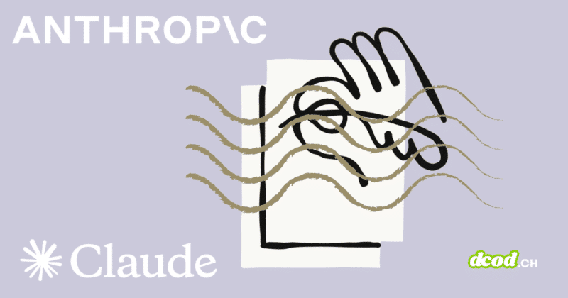 Illustration sur fond lavande avec les logos d'Anthropic, Claude et dcod.ch, représentant des feuilles de papier recouvertes d'ondes en filigrane pour symboliser le marquage invisible et la norme C2PA appliqués aux contenus générés.