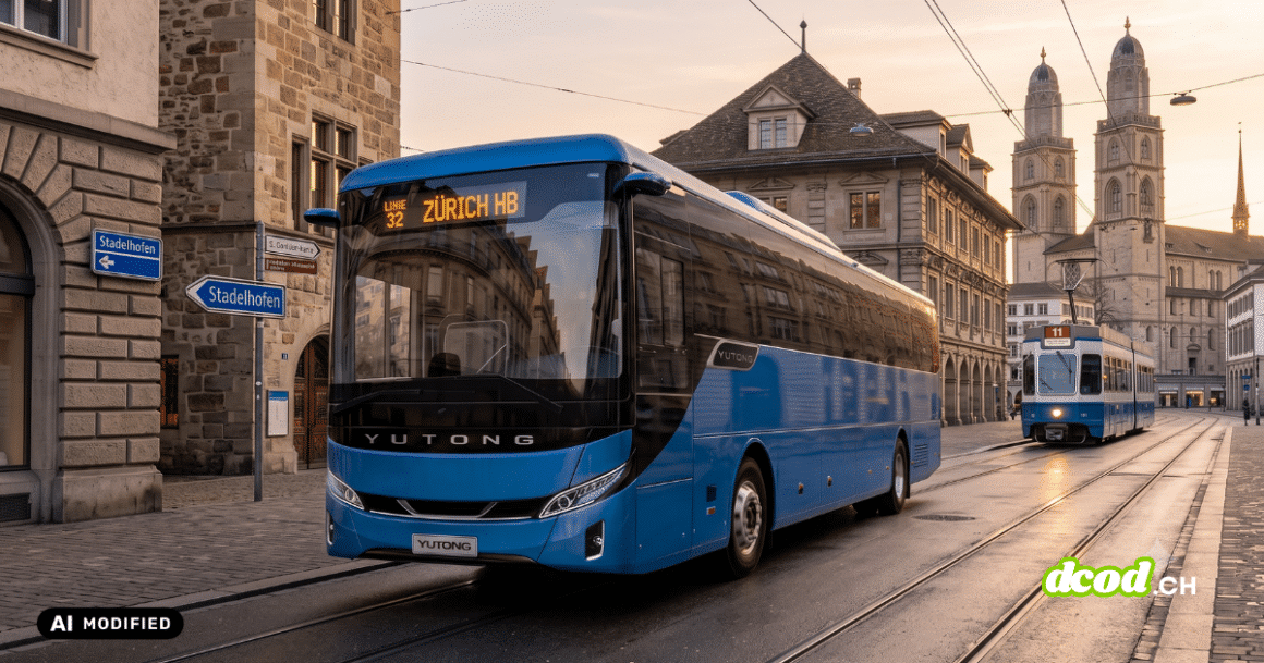 Un bus électrique Yutong indiquant Zürich HB sur les rails de tramway zurichois, au cœur des questions sur la cybersécurité et la protection des données.