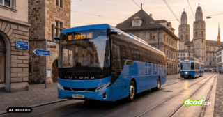 Un bus électrique Yutong indiquant Zürich HB sur les rails de tramway zurichois, au cœur des questions sur la cybersécurité et la protection des données.