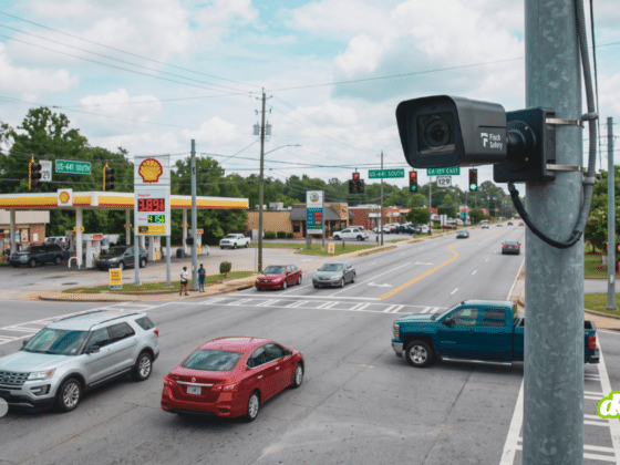Gros plan sur une caméra Flock de la police surveillant un carrefour routier aux États-Unis.