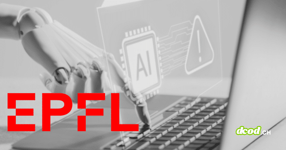 Main robotique manipulant le clavier d'un ordinateur portable devant des icônes holographiques de puce IA et de panneau d'avertissement, surmontée du logo rouge de l'EPFL et de la marque dcod.ch.