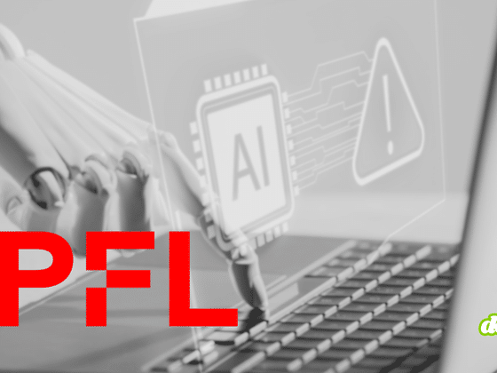 Main robotique manipulant le clavier d'un ordinateur portable devant des icônes holographiques de puce IA et de panneau d'avertissement, surmontée du logo rouge de l'EPFL et de la marque dcod.ch.