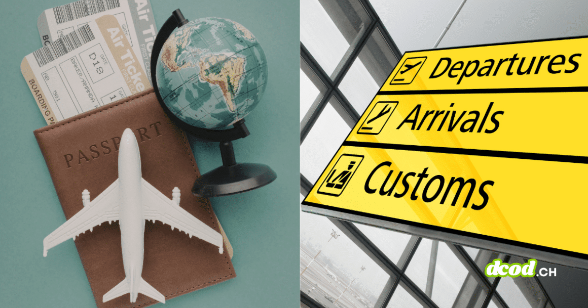 Passeport, globe et panneau d'aéroport Customs pour illustrer les contrôles aux frontières et comment sécuriser ses données.