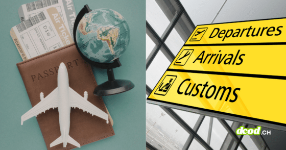 Passeport, globe et panneau d'aéroport Customs pour illustrer les contrôles aux frontières et comment sécuriser ses données.