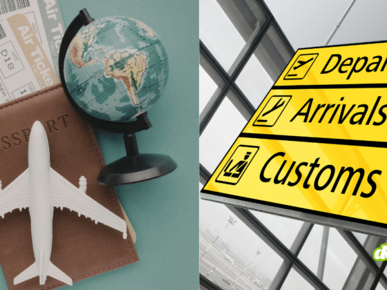Passeport, globe et panneau d'aéroport Customs pour illustrer les contrôles aux frontières et comment sécuriser ses données.