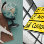 Passeport, globe et panneau d'aéroport Customs pour illustrer les contrôles aux frontières et comment sécuriser ses données.