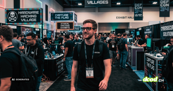 Un expert DCOD portant un t-shirt noir et un badge visible de DEF CON 34 LAS VEGAS 2026 marche dans une allée centrale bondée de la salle d'exposition de la conférence. Il passe devant de nombreux participants et stands de villages de hackers, notamment le 'Hardware Hacking Village' (avec son logo de crâne au néon) et 'Capture The Flag'. L'arrière-plan fourmille d'activités et de bannières de cybersécurité. L'image est marquée comme générée par IA générative.