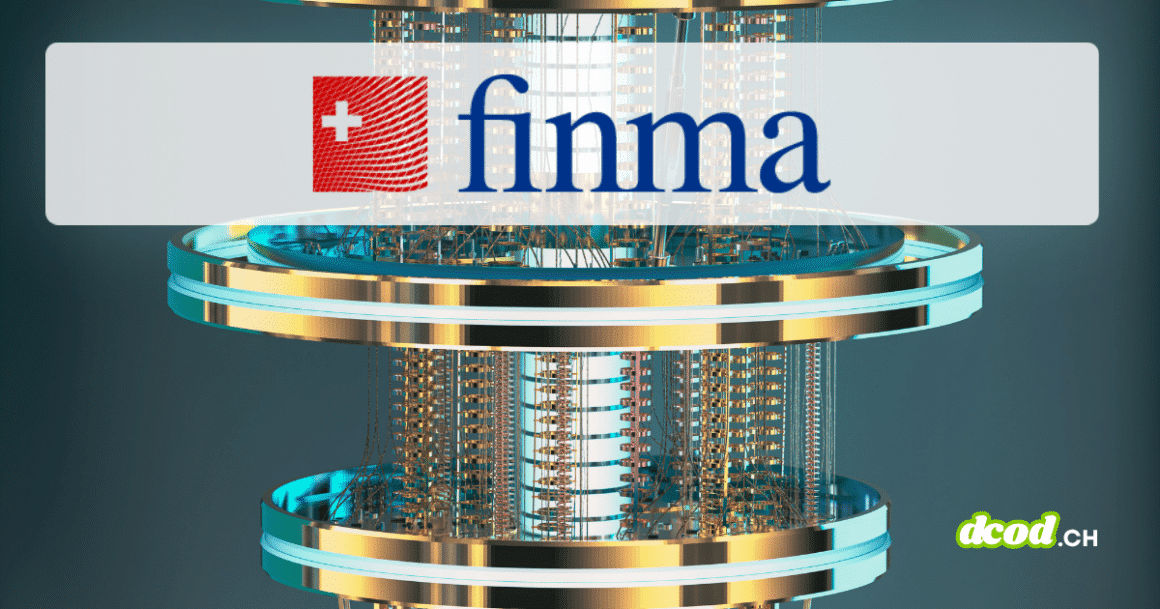 Logo de la FINMA sur fond d'ordinateur quantique, illustrant l'alerte selon laquelle la majorité des banques manque de plan de préparation quantique.