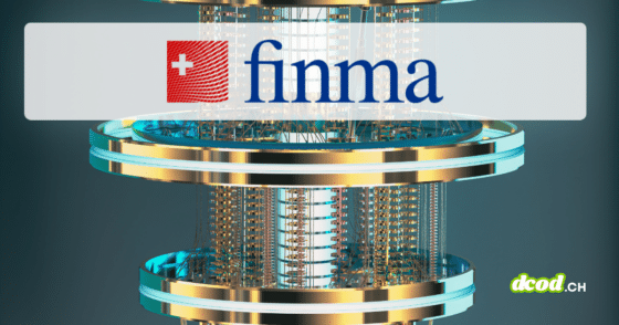 Logo de la FINMA sur fond d'ordinateur quantique, illustrant l'alerte selon laquelle la majorité des banques manque de plan de préparation quantique.