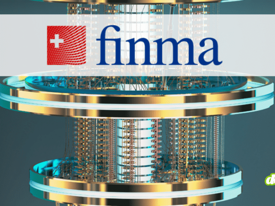 Logo de la FINMA sur fond d'ordinateur quantique, illustrant l'alerte selon laquelle la majorité des banques manque de plan de préparation quantique.