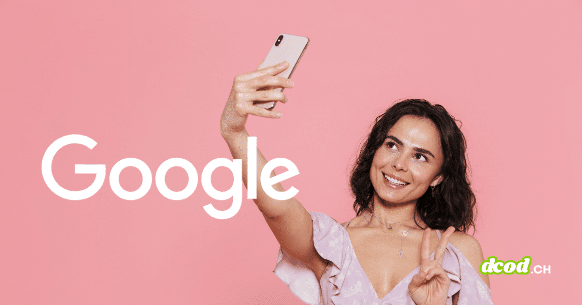 Une femme se prenant en selfie avec son smartphone à côté du logo Google, illustrant l'intégration de la vidéo selfie pour débloquer un compte Google.