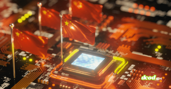 Circuit imprimé et processeur illuminé sur lesquels sont plantés des drapeaux chinois, illustrant l'essor de l'IA open source chinoise qui bouscule le marché américain.