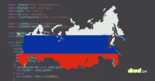 Carte de la Russie aux couleurs du drapeau national sur un fond de code informatique, illustrant l'infiltration du code d'origine russe dans la chaîne d'approvisionnement d'applications sensibles.