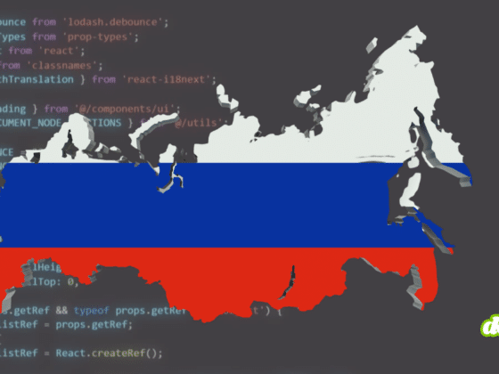Carte de la Russie aux couleurs du drapeau national sur un fond de code informatique, illustrant l'infiltration du code d'origine russe dans la chaîne d'approvisionnement d'applications sensibles.