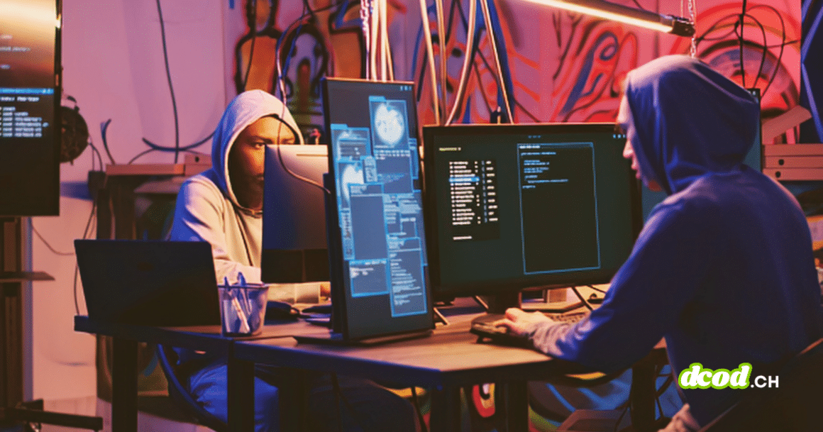 Deux individus en sweat à capuche travaillant devant des écrans d'ordinateur remplis de code, illustrant le nommage des cyberattaquants et la nouvelle norme établie par Google