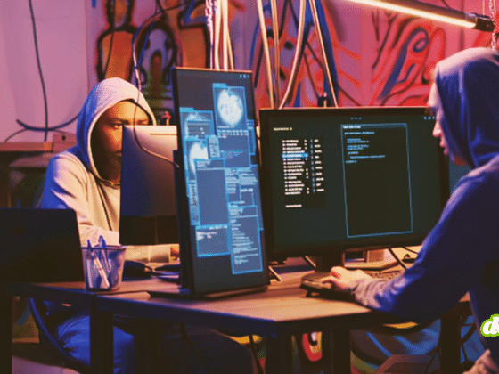 Deux individus en sweat à capuche travaillant devant des écrans d'ordinateur remplis de code, illustrant le nommage des cyberattaquants et la nouvelle norme établie par Google