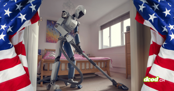 Un robot humanoïde passant l'aspirateur dans une chambre, encadré par des drapeaux américains, illustrant la décision des États-Unis de bloquer l'importation des robots intelligents étrangers.