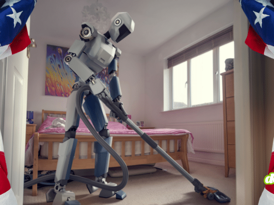 Un robot humanoïde passant l'aspirateur dans une chambre, encadré par des drapeaux américains, illustrant la décision des États-Unis de bloquer l'importation des robots intelligents étrangers.
