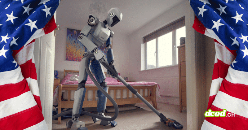 Un robot humanoïde passant l'aspirateur dans une chambre, encadré par des drapeaux américains, illustrant la décision des États-Unis de bloquer l'importation des robots intelligents étrangers.